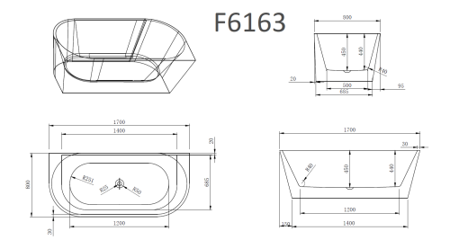 Ванна акриловая Frank 12530 170х80 пристенная овальная с ножками - фото 2