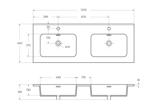 Раковина керамическая Cezares 50135 121х46 подвесная цвет белый 2 отверстия под смеситель - фото 2