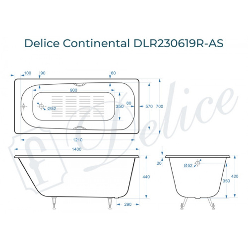 Ванна чугунная Delice Continental DLR230619R-AS 140х70 пристенная прямоугольная без ножек с отверстиями под ручки - фото 2