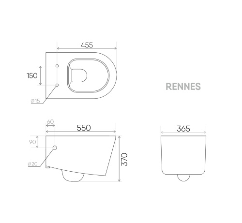 Унитаз подвесной Creo Сeramique RENNES 2.0 COMBO-RE1100R с RE1001T белый безободковый с сиденьем с микролифт душевой смыв - фото 5