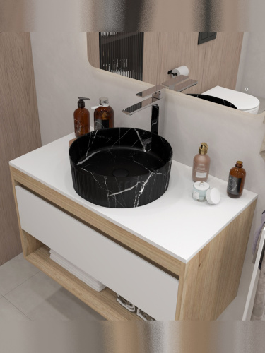 Раковина из сантехнического фарфора Teymi Martta T52183 37х37 накладная цвет черный мрамор без отверстий под смеситель - фото 4