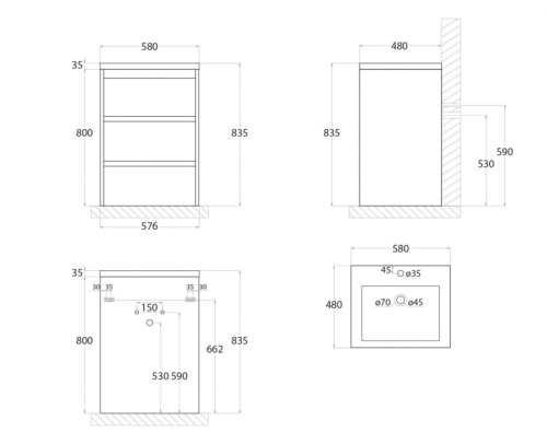 Тумба под раковину Art&Max TECHNO FAMILY-580-3C-PIA-BL 58х47х85 подвесная цвет белый глянцевый - фото 3