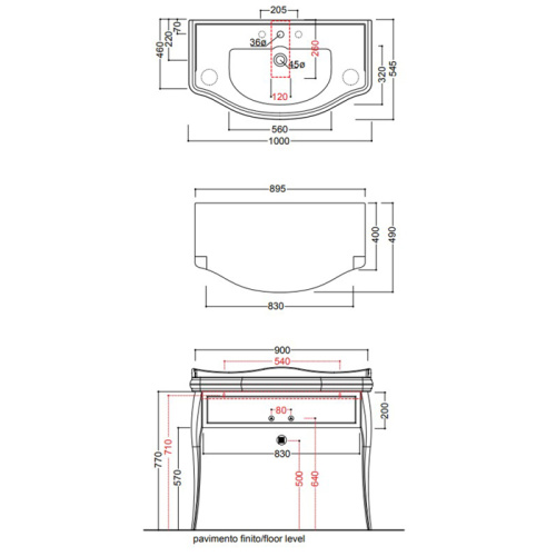 Раковина из сантехнического фарфора Kerasan Retro 105001*3 100х55 подвесная цвет белый 3 отверстия под смеситель - фото 2