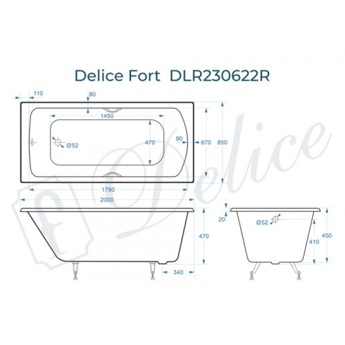 Ванна чугунная Delice Fort DLR230622R 200х85 пристенная прямоугольная без ножек с отверстиями под ручки - фото 2