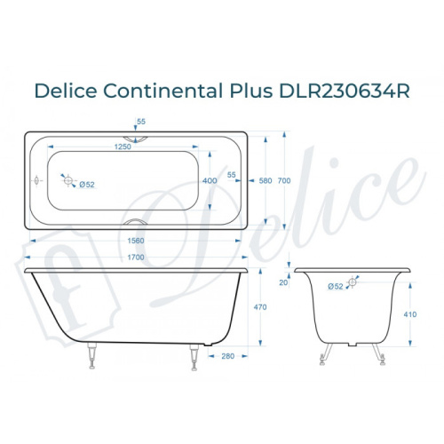 Ванна чугунная Delice Continental PLUS DLR230634R 170х70 пристенная прямоугольная без ножек с отверстиями под ручки - фото 2