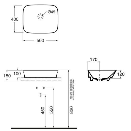 Раковина из санфаянса Azzurra PRUA PRLN05040000BI/(PRU50/IN bi)*0 50х40 полувстраиваемая цвет белый без отверстий под смеситель - фото 2