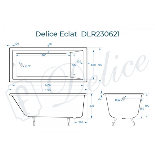Ванна чугунная Delice Eclat DLR230621 170х70 пристенная прямоугольная без ножек - фото 2