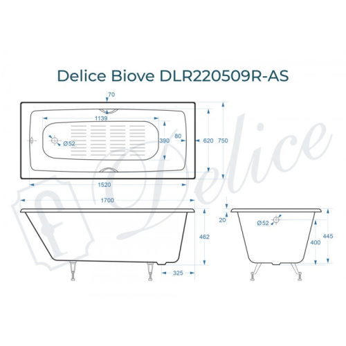 Ванна чугунная Delice Biove DLR220509RB-AS 170х75 пристенная прямоугольная без ножек с черными матовыми ручками и антискользящим покрытием - фото 2