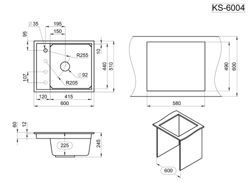 Кухонная мойка Granula Kitchen Space 6004, ШВАРЦ 60х51 цвет шварц поверхность матовая - фото 3