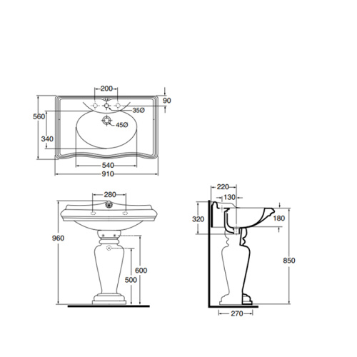 Раковина из санфаянса Azzurra Jubilaeum JULP0905500MBI/(JUB200/90 bi)*1 91х56 подвесная цвет белый 1 отверстие под смеситель - фото 2