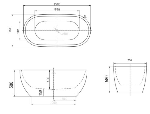 Ванна акриловая Art&Max AM-218-1500-750 150х75 отдельностоящая овальная с каркасом - фото 2