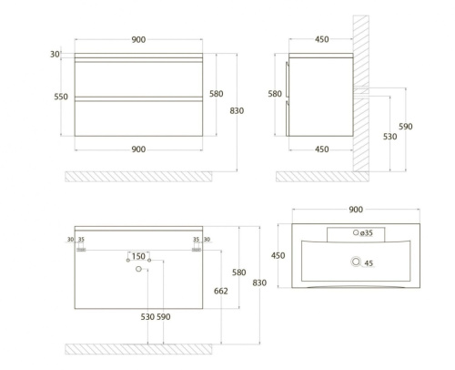 Тумба под раковину Art&Max BIANCHI AM-Bianchi-900-2C-SO-GM 90х48х55 подвесная цвет серый матовый - фото 4