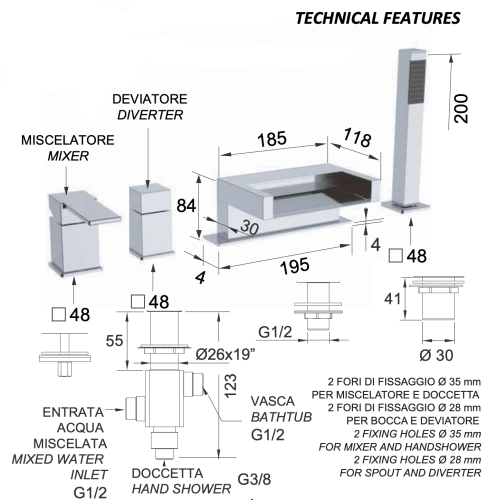Смеситель Remer Qubika Cascata QC06BO на борт ванны белый - фото 2