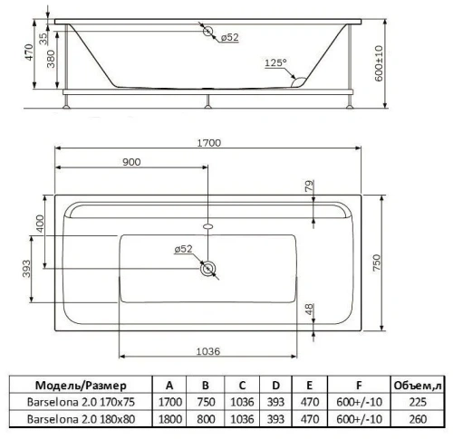 Ванна акриловая Alba Spa BARSELONA 2.0 ВПР0320200100 170х75 пристенная прямоугольная без ножек - фото 2