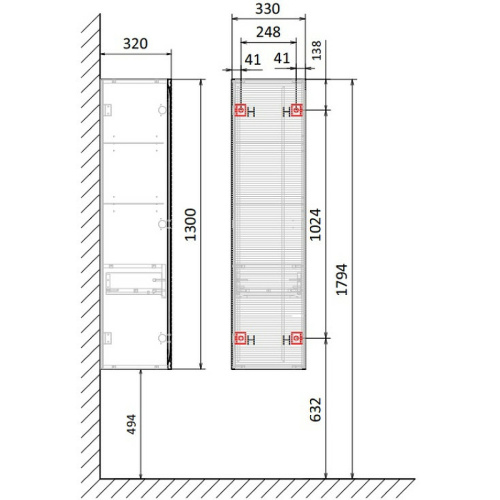 Шкаф-пенал Jorno KARAT Kar.04.130/P/BuL 33х32х130 подвесной цвет бук - фото 2