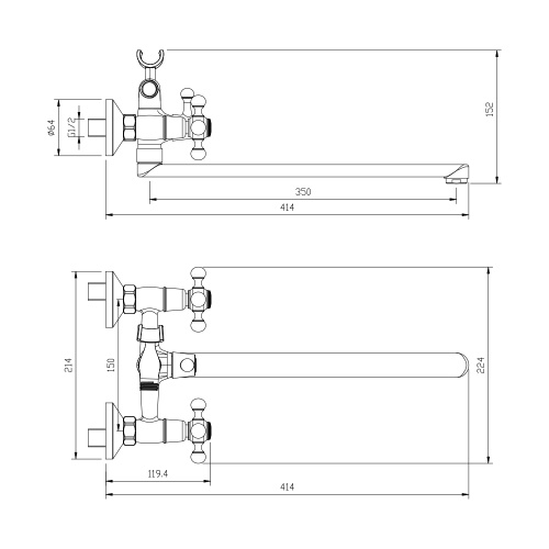 Смеситель для ванны WesnaArt Rassvet RAS02-320 настенный хром - фото 2