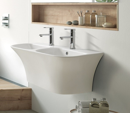 Раковина из санфаянса CeramaLux G760 100х42 подвесная цвет белый 2 отверстия под смеситель - фото 2