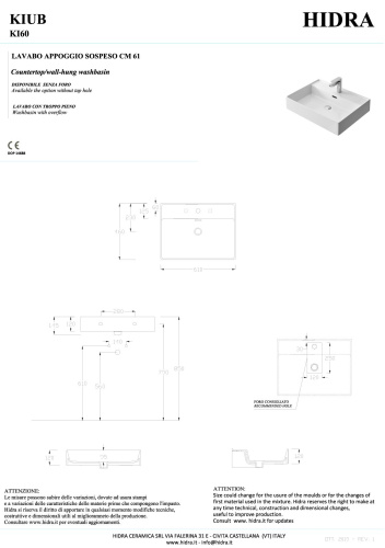 Раковина керамическая Hidra Kiub KI60/026 61х46 подвесная цвет черный матовый 1 отверстие под смеситель - фото 2