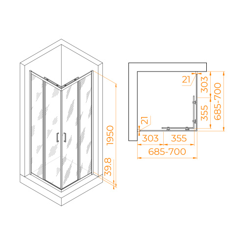 Душевой уголок RGW Passage 3508103077-14 70х70 стекло прозрачное профиль черный без поддона - фото 2