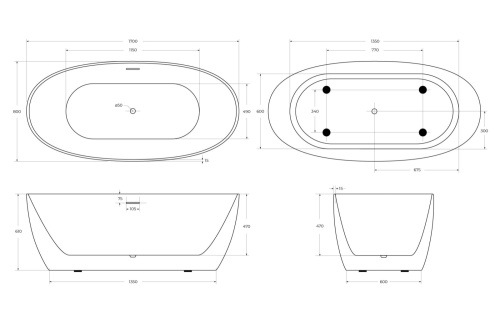 Ванна акриловая BelBagno BB414-1700-800 170х80 отдельностоящая овальная с ножками - фото 4