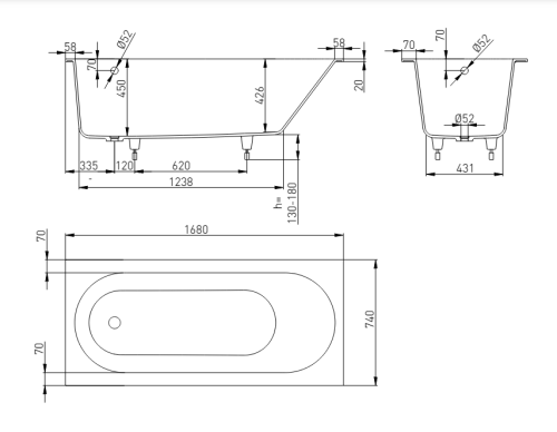 Ванна из искусственного камня Holbi ORION 1.01.007.11.1 168х74 встраиваемая прямоугольная с ножками - фото 4