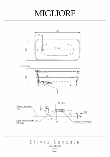 Ванна из искусственного мрамора Migliore OLIVIA CONSOLE 24378 174х80 отдельностоящая прямоугольная с ножками - фото 2