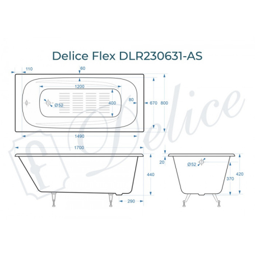 Ванна чугунная Delice Flex DLR230631-AS 170х80 пристенная прямоугольная без ножек с антискользящим покрытием - фото 2