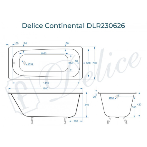 Ванна чугунная Delice Continental DLR230626 160х70 пристенная прямоугольная без ножек - фото 2