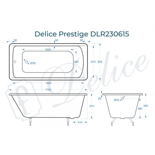 Ванна чугунная Delice Prestige DLR230615 170х80 пристенная прямоугольная без ножек - фото 2