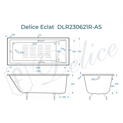 Ванна чугунная Delice Eclat DLR230621R-AS 170х70 пристенная прямоугольная без ножек с отверстиями под ручки - фото 2