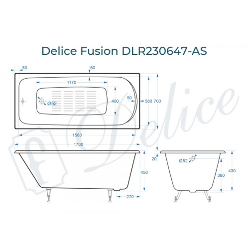 Ванна чугунная Delice Fusion DLR230647-AS 170х70 пристенная прямоугольная без ножек с антискользящим покрытием - фото 2