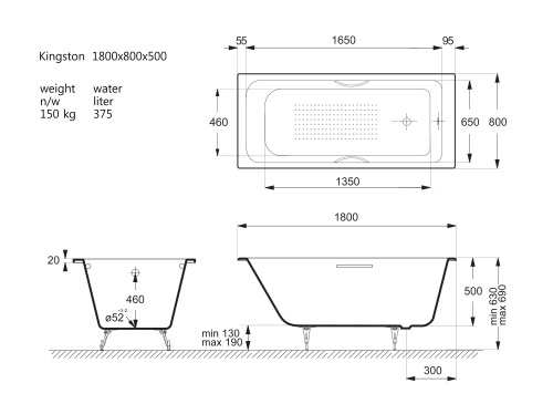 Ванна чугунная Vinsent Veron Kingston VKN1808050H/E60327CH-AS 180х80 пристенная прямоугольная с ножками с ручками - фото 4