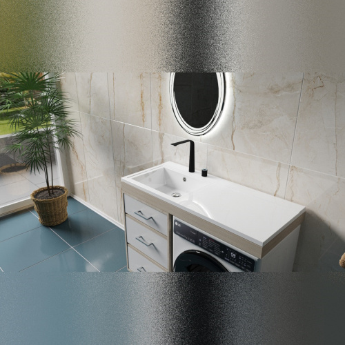 Раковина из литьевого мрамора Teymi Helmi T50307 120х48 над стиральной машиной цвет белый 1 отверстие под смеситель - фото 5