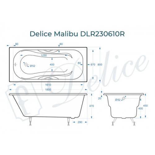 Ванна чугунная Delice Malibu DLR230610R 180х80 пристенная прямоугольная без ножек с отверстиями под ручки - фото 2