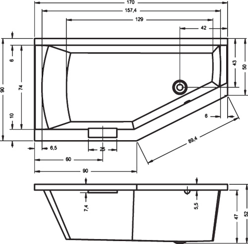 Ванна акриловая Riho GETA B031001005 170х90 пристенная асимметричная без ножек - фото 2