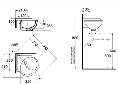 Раковина из санфаянса Azzurra Jubilaeum JULS0353500MBI (JUB35/AN bi)*1 35х35 подвесная цвет белый 1 отверстие под смеситель - фото 2