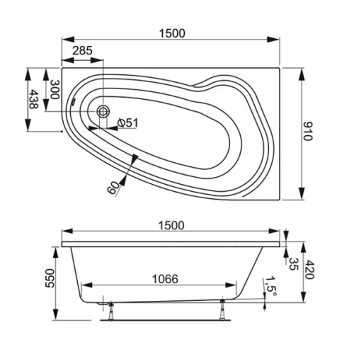 Ванна акриловая Vagnerplast Avona VPBA159AVO3PX-04 150х90 пристенная асимметричная без каркаса - фото 3