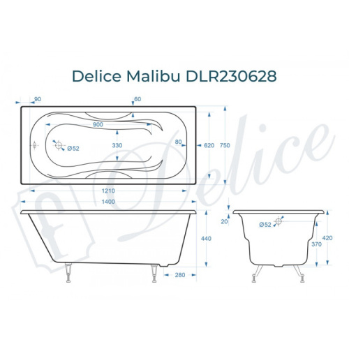 Ванна чугунная Delice Malibu DLR230628 140х75 пристенная прямоугольная без ножек - фото 2