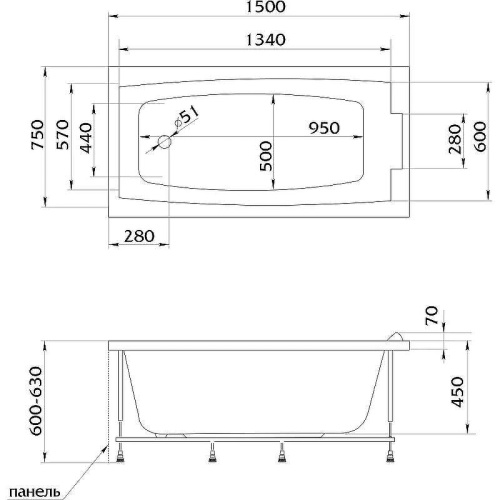 Ванна акриловая 1MarKa AELITA 01ае1775 170х75 пристенная прямоугольная без каркаса - фото 5