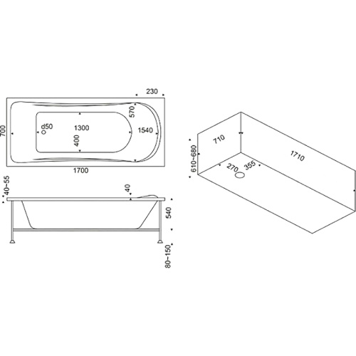 Ванна акриловая Bas Атланта В 00003 170х70 пристенная прямоугольная с каркасом - фото 3