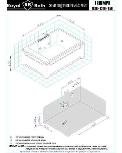 Ванна акриловая гидромассажная Royal Bath TRIUMPH RB665100CO 185х120 пристенная прямоугольная с каркасом - фото 4