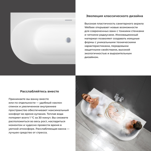 Ванна акриловая Wellsee Collaro 289102000 180х80 пристенная полукруглая с ножками - фото 5