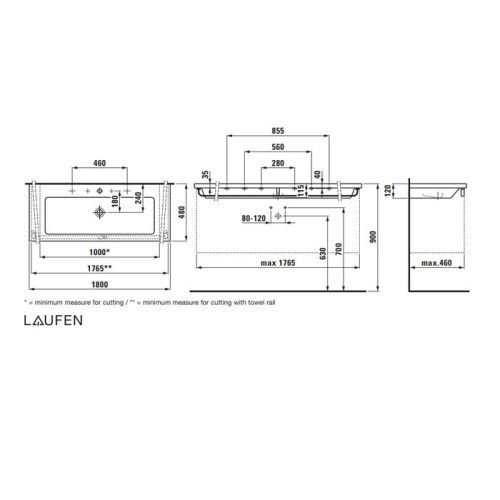 Раковина Laufen Living Square 8.1643.8.000.104.1 180 см встраиваемая цвет белый 1 отверстие под смеситель - фото 2
