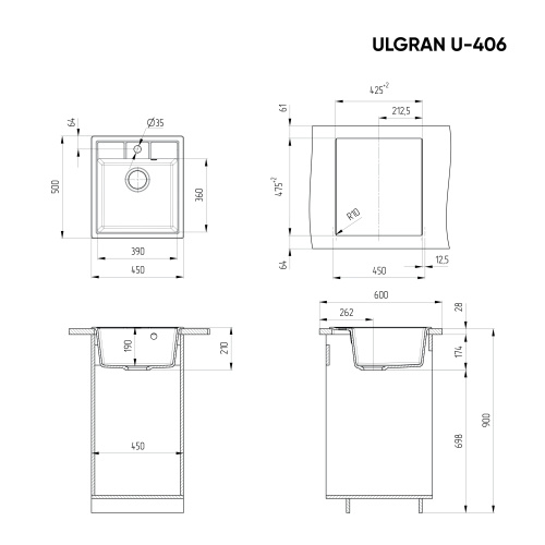 Кухонная мойка Ulgran Classic U-406-308 45х50 цвет черный - фото 2