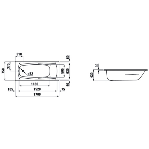 Ванна стальная Laufen Palladium 2.2511.3.000.040.1 170х75 встраиваемая прямоугольная без ножек - фото 2