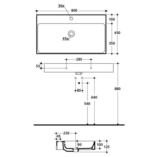Раковина из сантехнического фарфора Kerasan Cento 353301*1 80х45 подвесная цвет белый 1 отверстие под смеситель - фото 2