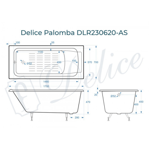 Ванна чугунная Delice Palomba DLR230620-AS 170х70 пристенная прямоугольная без ножек с антискользящим покрытием - фото 2