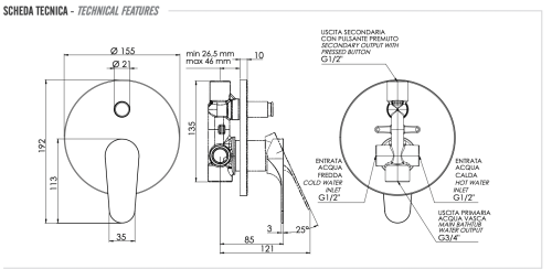 Смеситель для душа Remer Class Line L09 встраиваемый в стену хром - фото 2