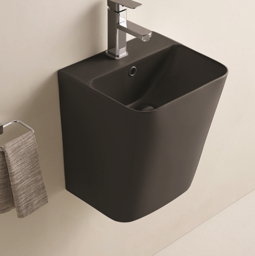 Раковина из санфаянса CeramaLux 500QMB 38х44 подвесная цвет черный матовый 1 отверстие под смеситель - фото 2