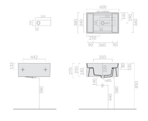 Раковина из сантехнического фарфора Galassia Meg11Pro 5484 60х38 подвесная цвет белый - фото 4